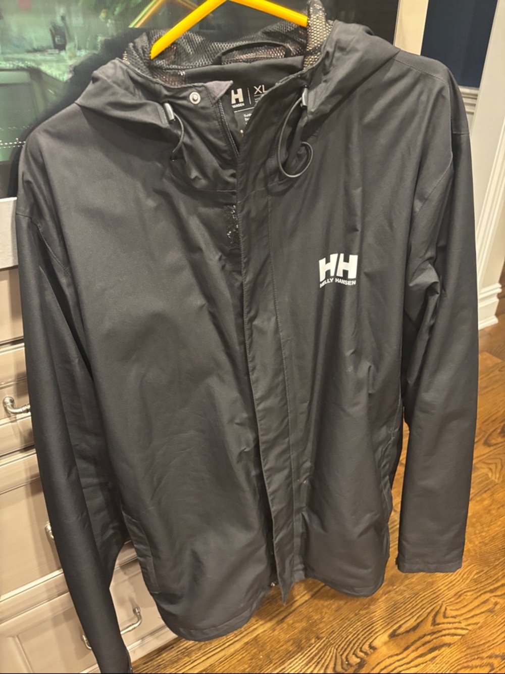 Helly Hansen Men's Black Hooded Rain Jacket with White Logo